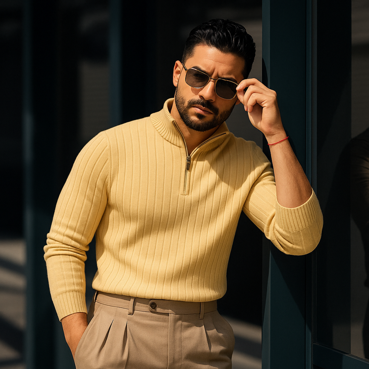 Gerippter Pullover mit halbem Reißverschluss für Herren